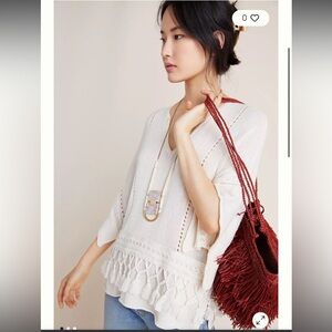 Anthropologie Cream Kaya Tasseled Pullover Top Size XS